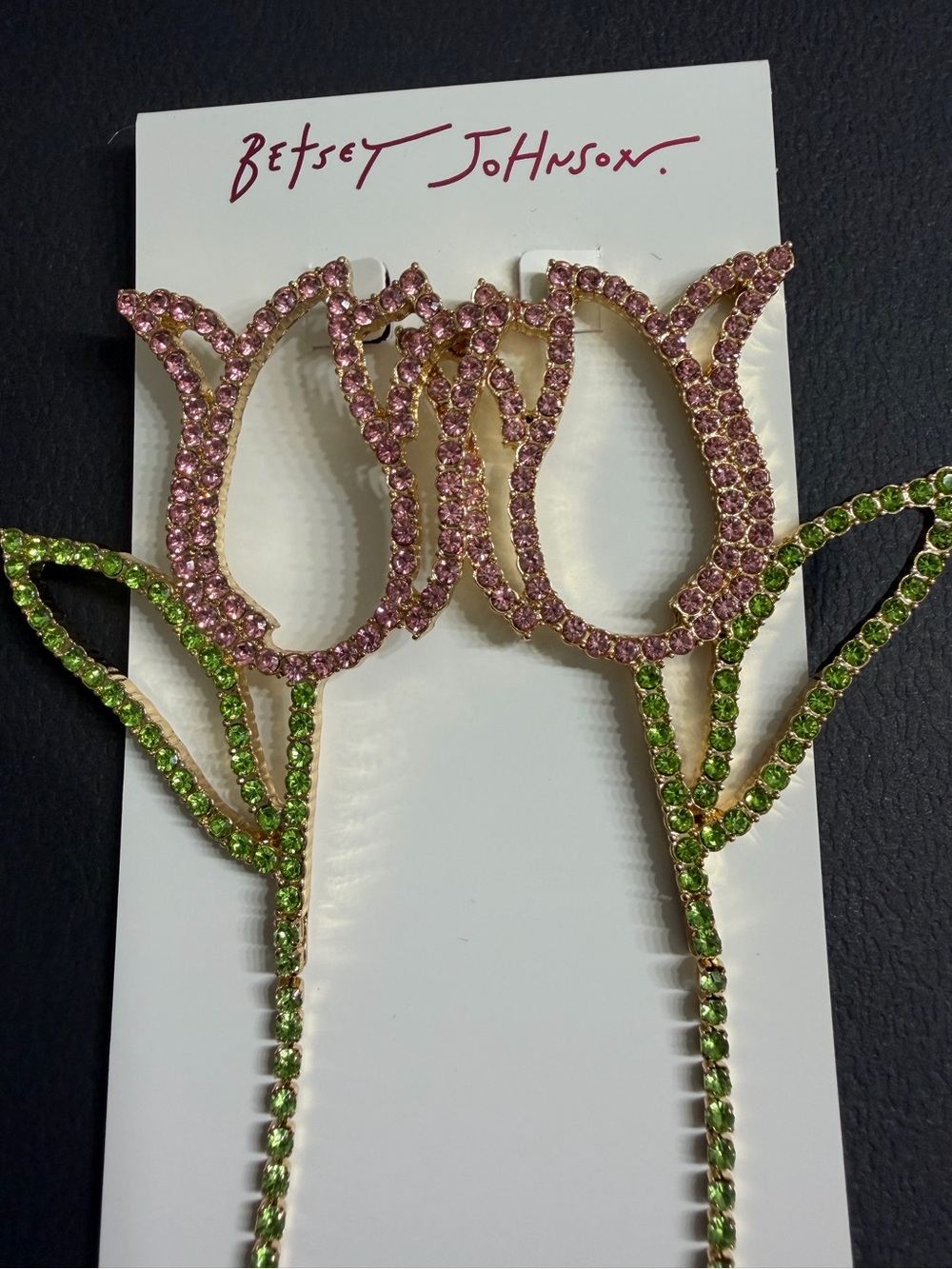 Betsey Johnson Pink Rhinestone Glitz Tulip Statement Earrings